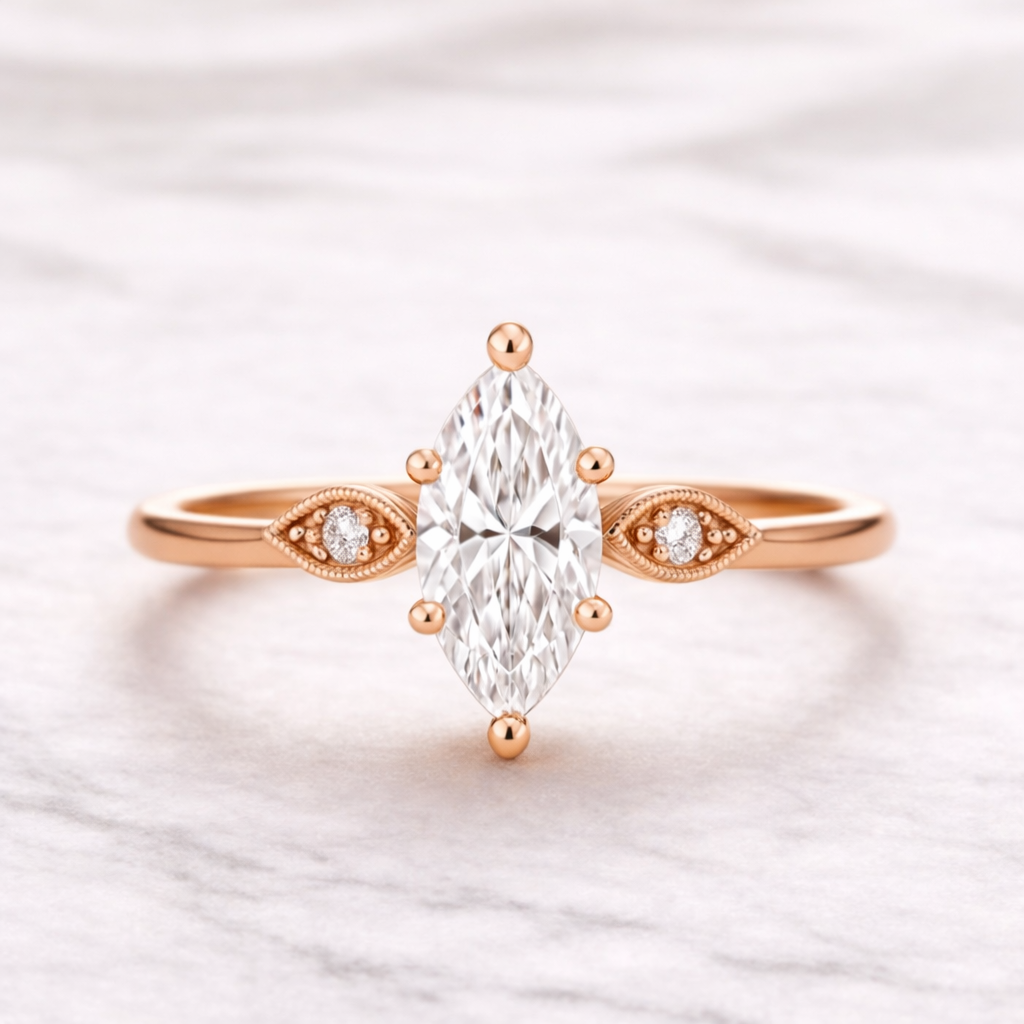 0.75 Karat IGI Sertifikalı Vintage Markiz Lab Pırlanta Tektaş Yüzük