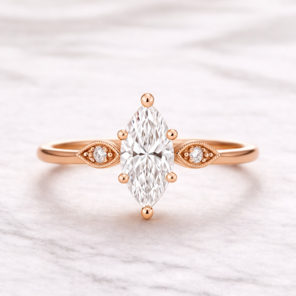 0.75 Karat IGI Sertifikalı Vintage Markiz Lab Pırlanta Tektaş Yüzük